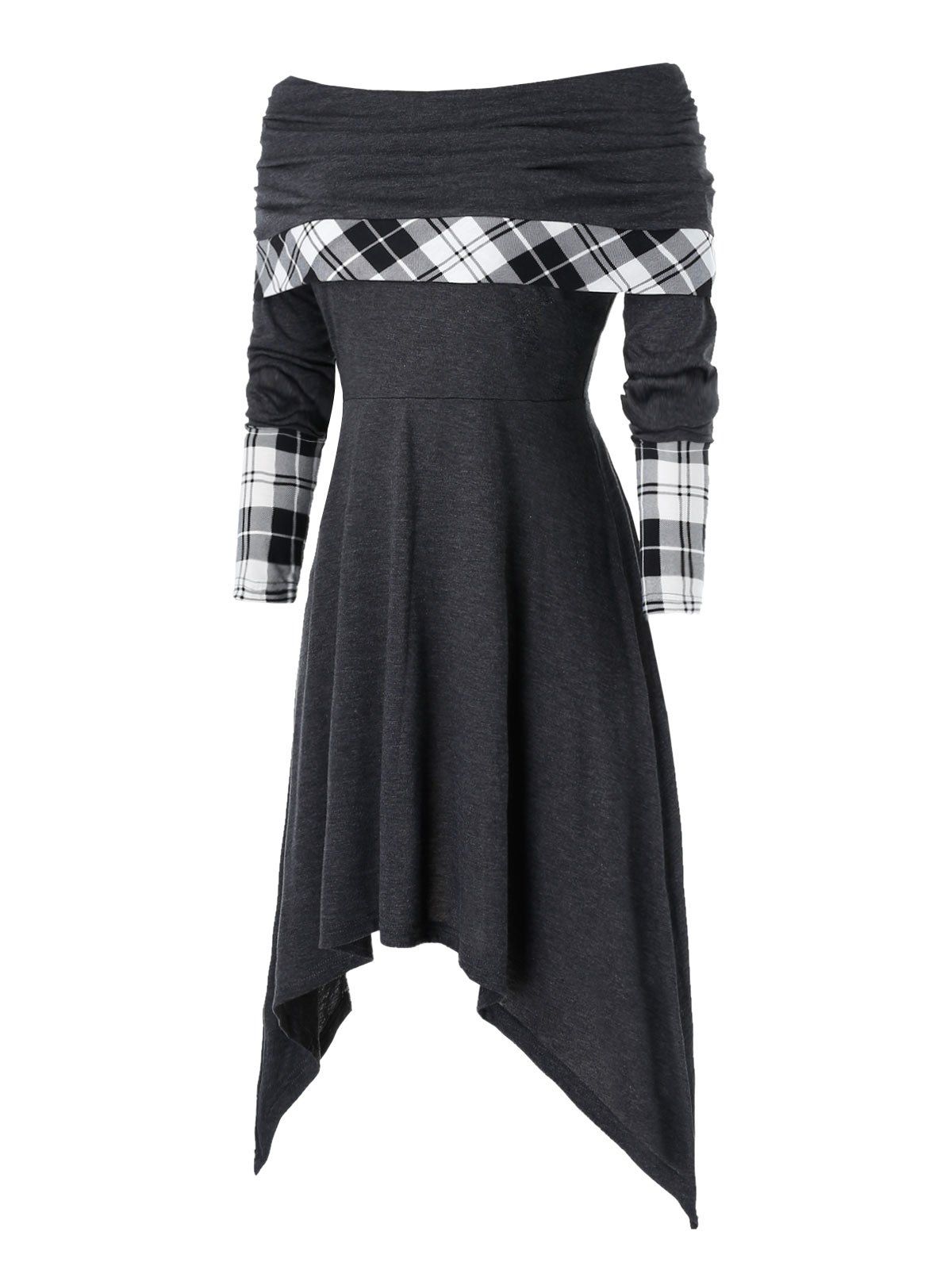 

Plus Size Plaid Panel Off Shoulder Foldover Asymmetric Dress, Dark slate grey