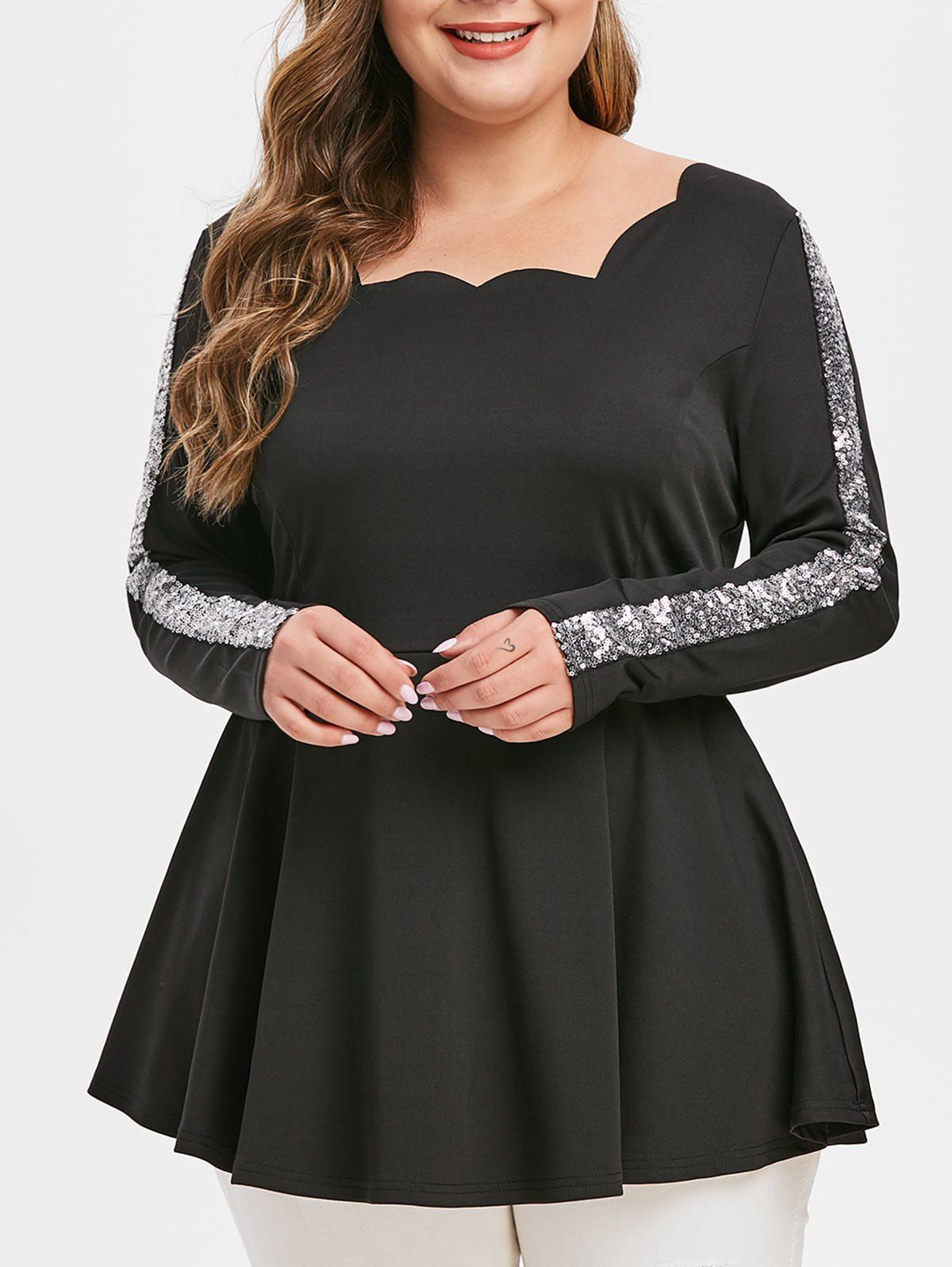 

Plus Size Scalloped Sequins T Shirt, Black