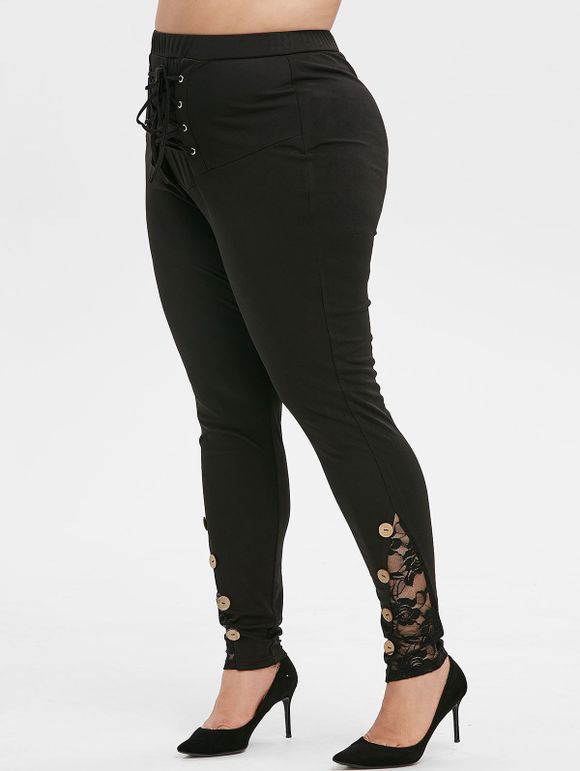 Plus Size High Rise Lace Up Buttons Skinny Leggings - TWILIGHT BLACK 3X