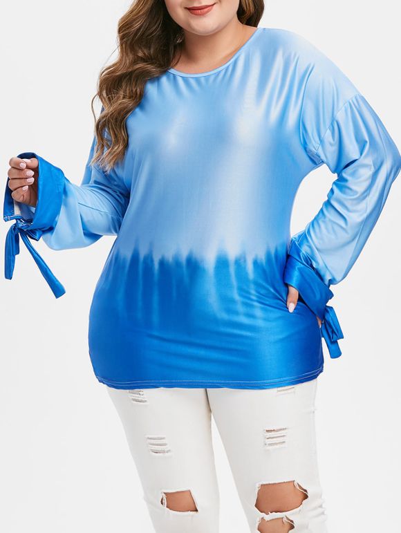 T-shirt Ombré Noué à Épaule Tombante Grande Taille - Bleu 5X