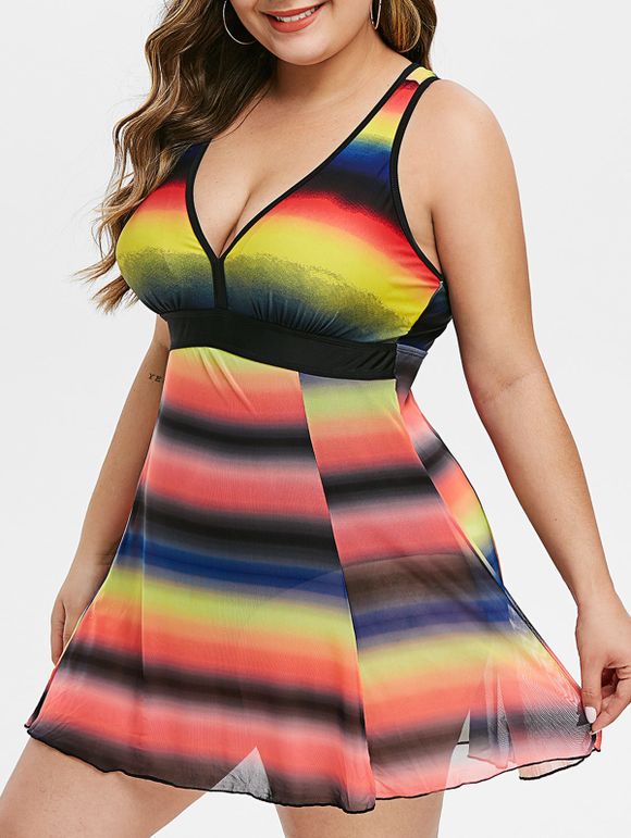 Rayures colorées panneau Mesh jupette Plus Size maillot de bain - multicolor 2X