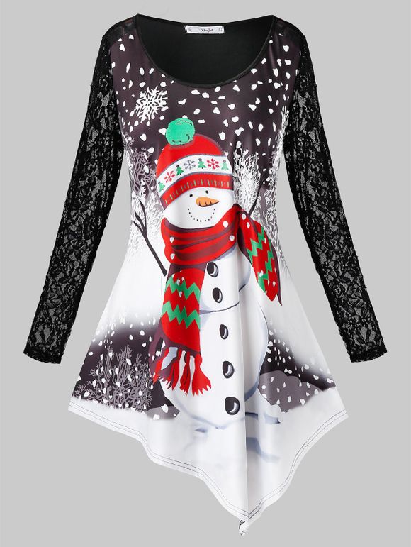 T-shirt de Noël Bonhomme de Neige Imprimé à Manches en Dentelle de Grande Taille - Noir L