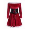 Robe Corset à Epaule Dénudée Grande Taille en Velours avec Corset Ceinturé - Rouge Vineux 3X
