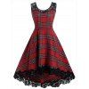 Robe à Carreaux en Dentelle Insérée Haute Basse de Grande Taille - Rouge Vineux 1X