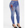 Legging Applique à Imprimé 3D Fleur à Coupe Haute de Grande Taille - Bleu Foncé Toile de Jean L