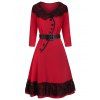 Robe Ligne A Jointive Boutonnée Ceinturée en Dentelle - Rouge Vineux 3XL