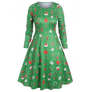 

Plus Size Christmas Printed Swing Midi Dress, Green