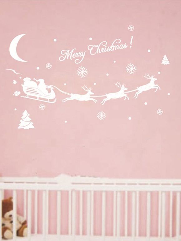 Autocollant Mural Amovible Cerf de Noël avec Traîneau Imprimé - Blanc 56X16CM