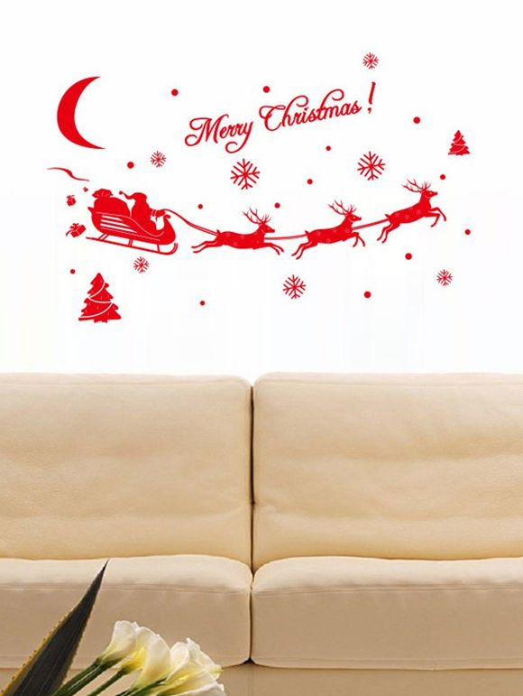 Autocollant Mural Amovible Cerf de Noël avec Traîneau Imprimé - Rouge 56X16CM