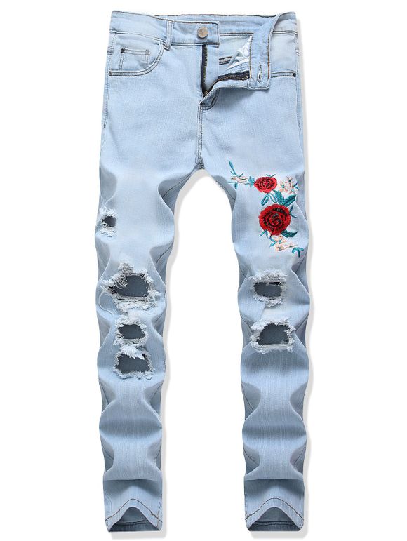 Pantalon Déchiré Fleur Brodée en Denim - Bleu de Jean 32