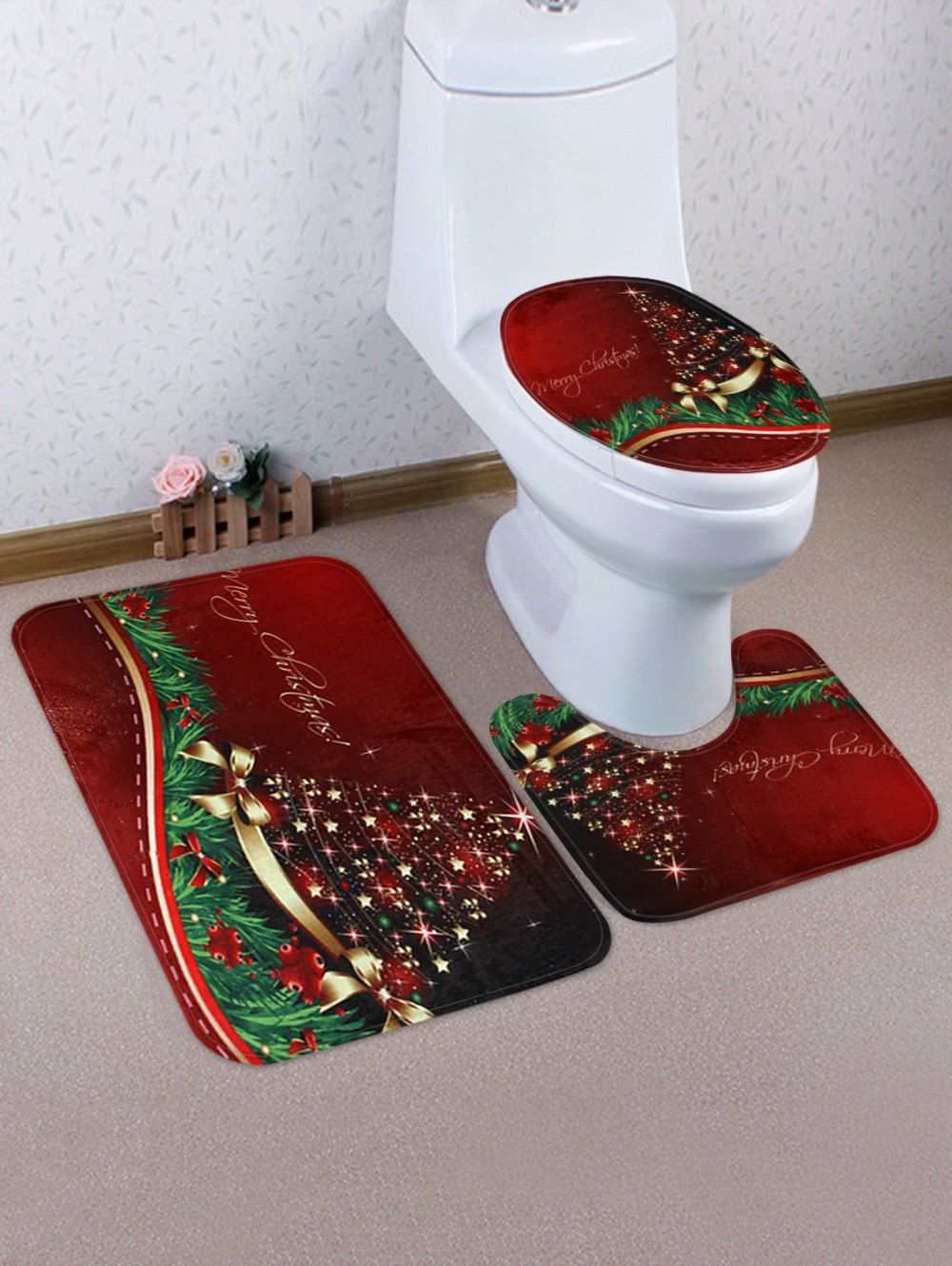 

Christmas Tree Stars Bowknot Pattern 3 Pcs Toilet Mat Set, Multi