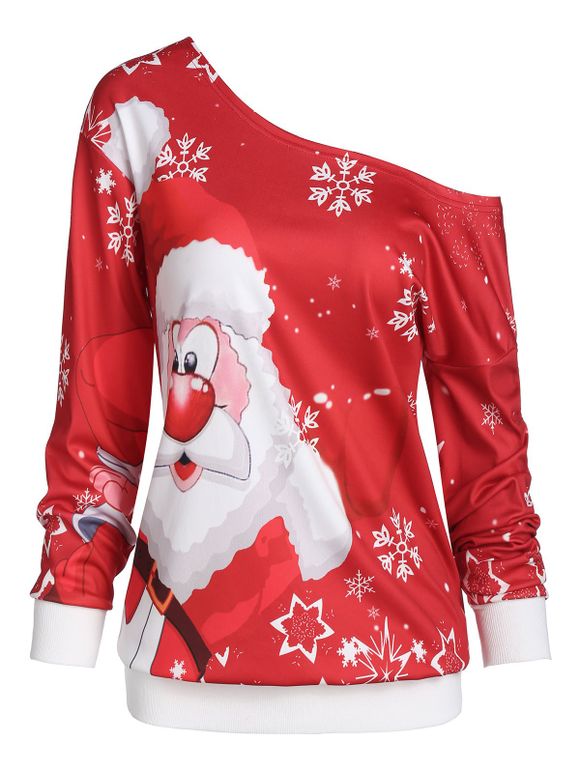 Sweat-shirt Père Noël Imprimé à Col Oblique - Rouge 3XL