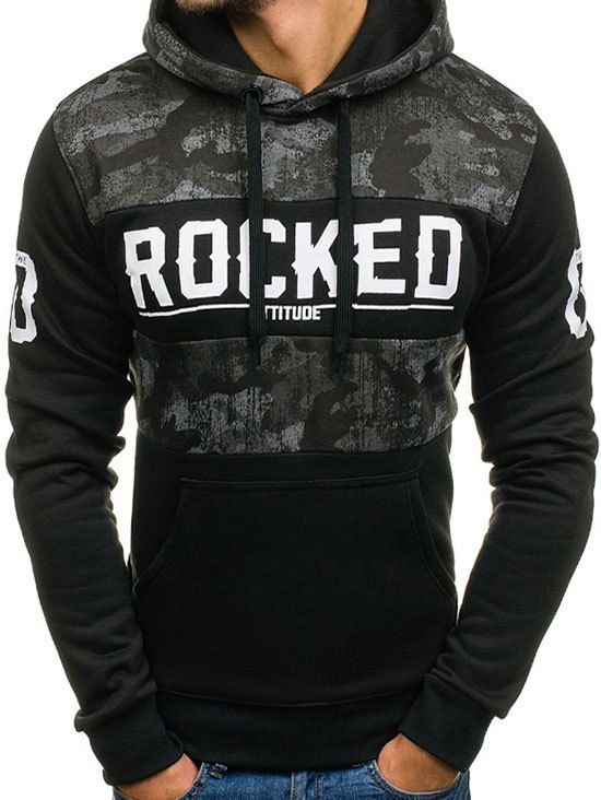 Sweat à Capuche Lettre Imprimée Camouflage - Noir M