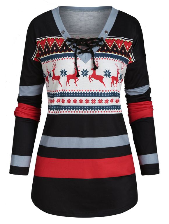 T-shirt Cerf de Noël et Flocon de Neige Imprimés de Grande Taille à Lacets - multicolor 5X