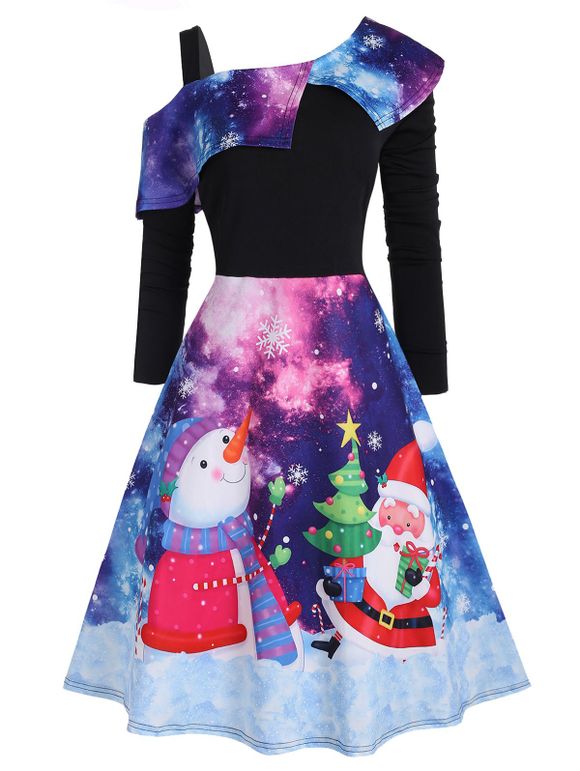 Robe de Noël à Imprimé 3D Galaxie de Grande Taille à Col Oblique - Nébuleuse 4X