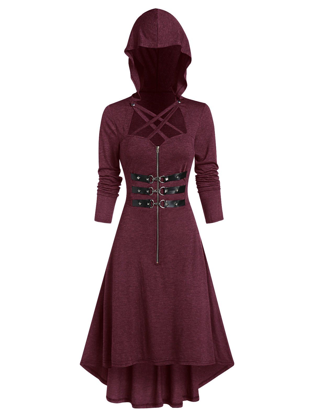 

Hooded Lobster Buckle Strap High Low Gothic Dress, Firebrick