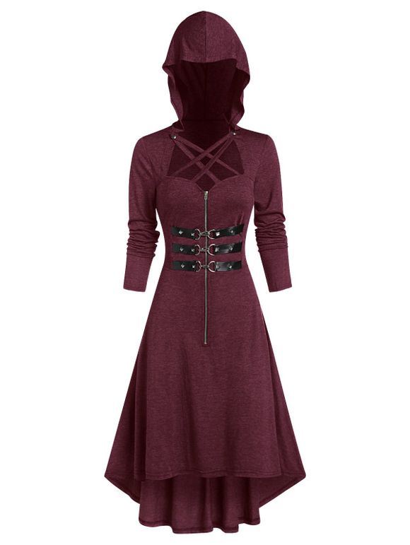 Robe à Capuche Gothique Haut Bas à Bretelle Bouclée - Brique Réfractaire XL