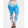 Legging de Noël Flocon de Neige et Chat Imprimés Grande Taille - Bleu Cristal 1X