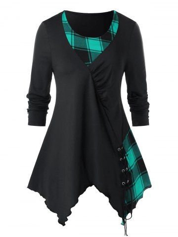 Plus Size Asymmetrical Ditsy Print Round Collar T Shirt