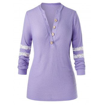 

Plus Size Lace Panel Half Placket Knit Sweater, Purple mimosa