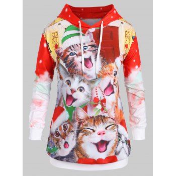 

Plus Size Drawstring Cat Print Christmas Hoodie, Red