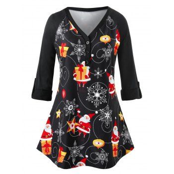 

Plus Size Printed Button Long Sleeve T-Shirt, Black