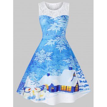 

Plus Size Vintage Snowflake House Print Christmas Dress, Deep sky blue