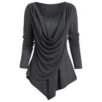 

Pointed Hem Heathered Draped Overlap T-shirt, Dark gray