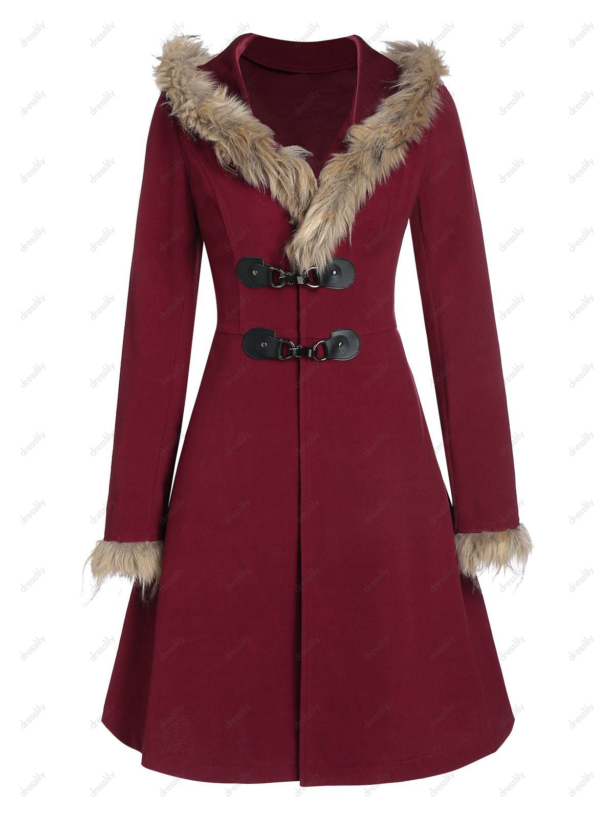 [59 OFF] 2022 Longline Faux Fur Hood Coat In RED WINE DressLily