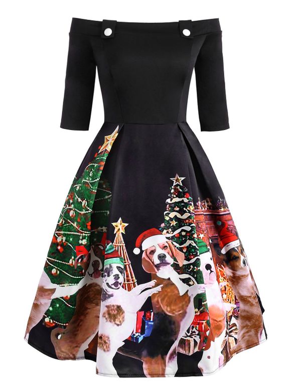 Robe de Noël Chien Imprimé Embellie de Bouton à Epaule Dénudée - multicolor L
