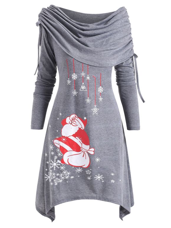 Robe Asymétrique Père Noël Pliée à Epaule Dénudée - Gris XL