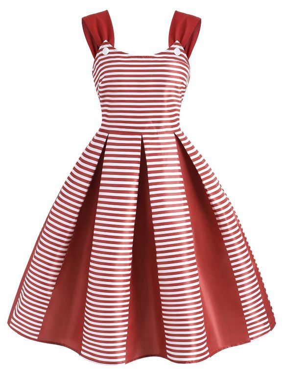 Robe Rayée Embellie de Bouton Sans Manches - Rouge 3XL