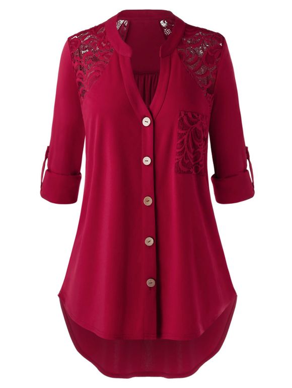 Plus Size Lace Panel Pocket Roll Up Sleeve Blouse - RED WINE 4X