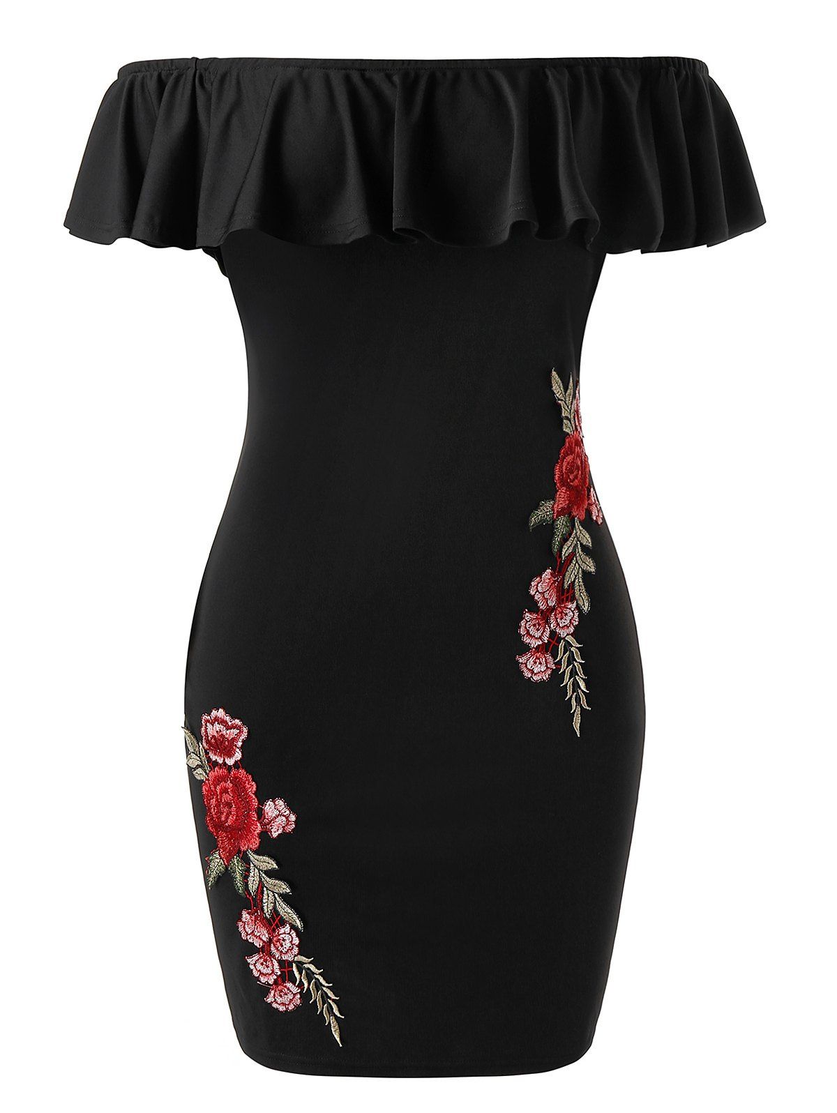 Plus Size Floral Ruffle Off The Shoulder Dress - BLACK L