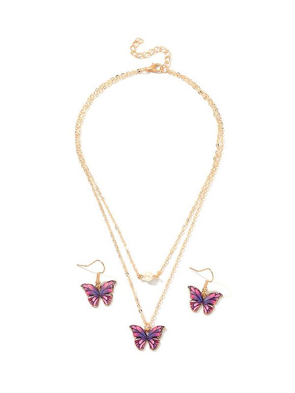 Ensemble de Boucles d'Oreilles et de Collier Superposé Papillon Pendants - Pourpre 