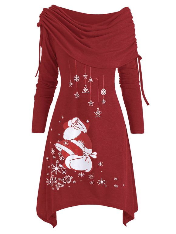 Robe Asymétrique Père Noël Pliée à Epaule Dénudée - Rouge 3XL