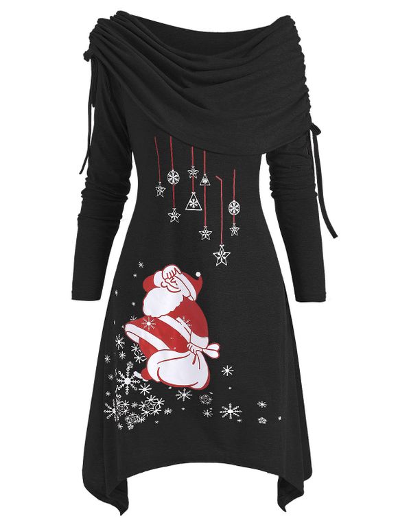 Robe Asymétrique Père Noël Pliée à Epaule Dénudée - Noir XL