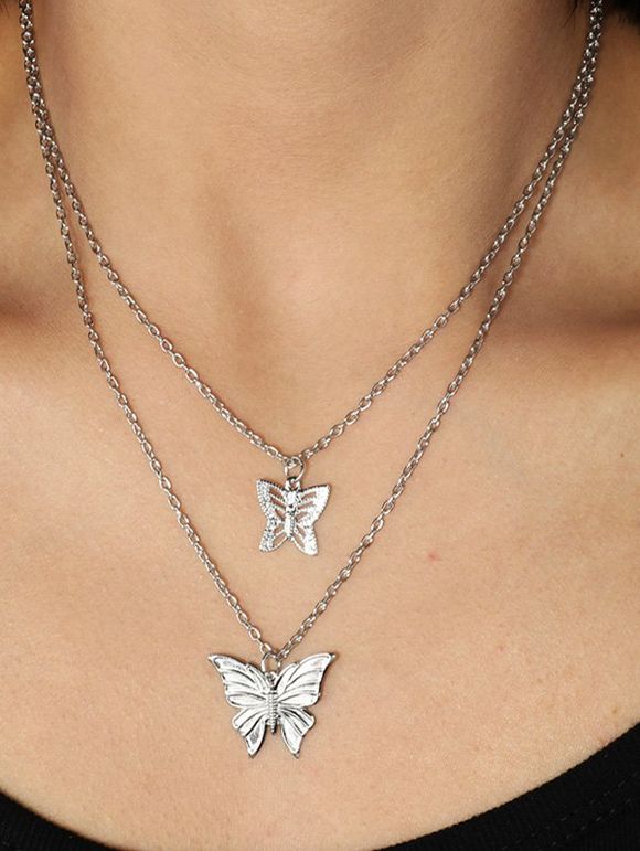 Collier à Double Couche Papillon Evidé - Argent 