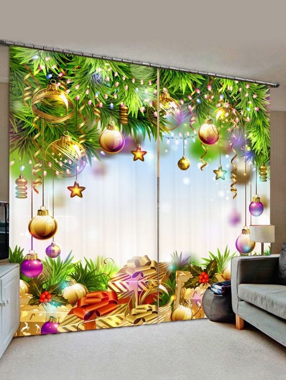 Rideaux de Fenêtre Boule Cadeau et Sapin de Noël Imprimés 2 Panneaux - Vert Serpent W28 X L39 INCH X 2PCS
