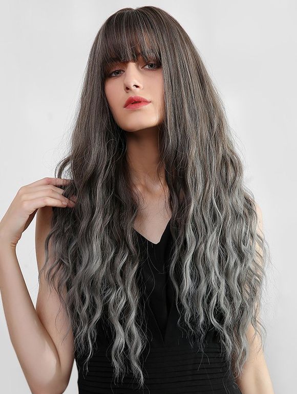 Ombre Full Bang Long Wavy Synthetic Wig - multicolor 