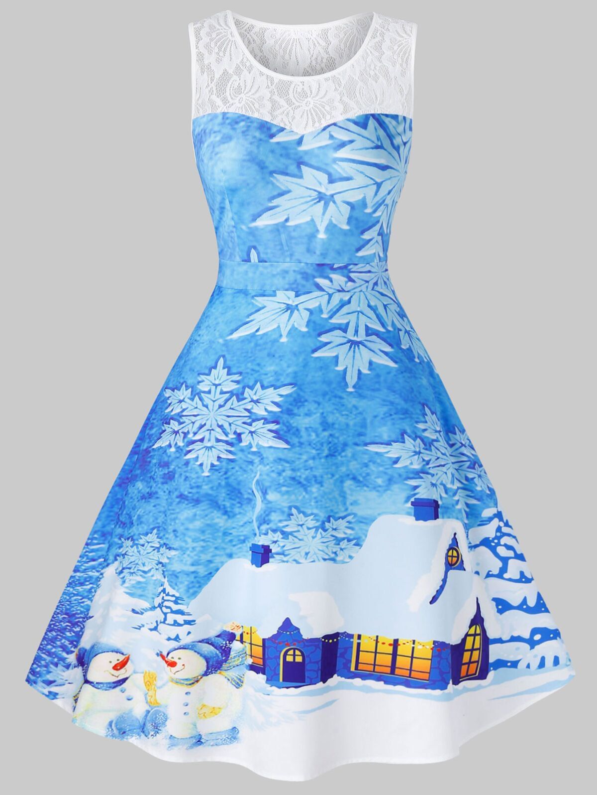 Robe de Noël Vintage à Imprimé Cheval et Flocon de Neige de Grande Taille - Ciel Bleu Foncé L