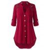 Plus Size Lace Panel Pocket Roll Up Sleeve Blouse - RED WINE 4X