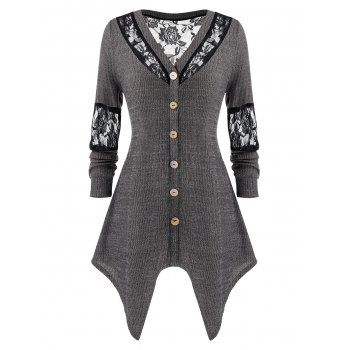 

Plus Size Lace Panel Sheer Asymmetrical Knit Cardigan, Multicolor