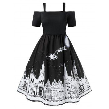 

Plus Size Cold Shoulder Castle Print Christmas Dress, Black
