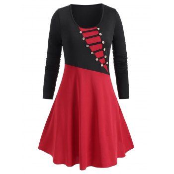 

Two Tone Mock Button Plus Size Top, Red