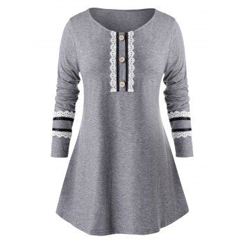 

Plus Size Lace Contrast Stripes Long Sleeve T-shirt, Battleship gray