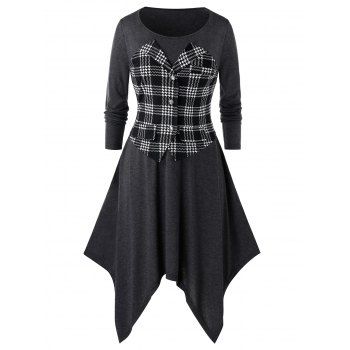 

Plus Size Plaid Asymmetrical Long Sleeve Handkerchief Dress, Gray