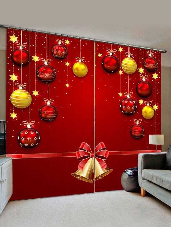 Rideaux de Fenêtre Boules de Noël et Cloche 2 Panneaux - Rouge Lave W33.5 X L79 INCH X 2PCS