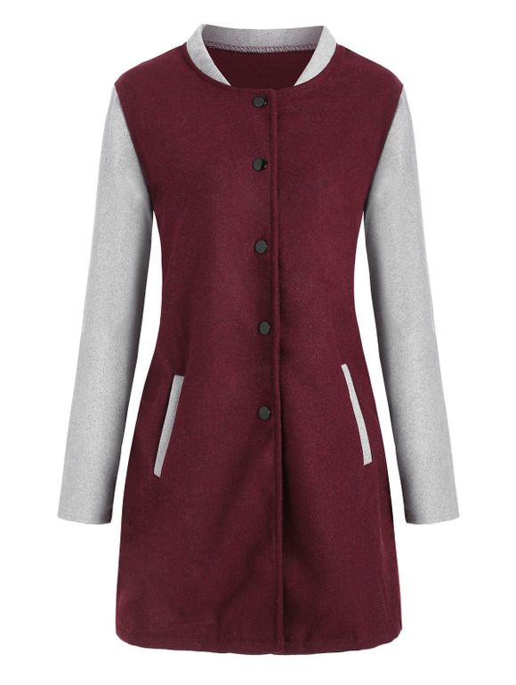 Manteau en Blocs de Couleurs avec Bouton-pression avec Poches - Rouge Vineux XL
