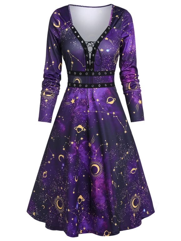 Starry Print Lace Up Grommet Trim Midi Dress - PURPLE 3XL